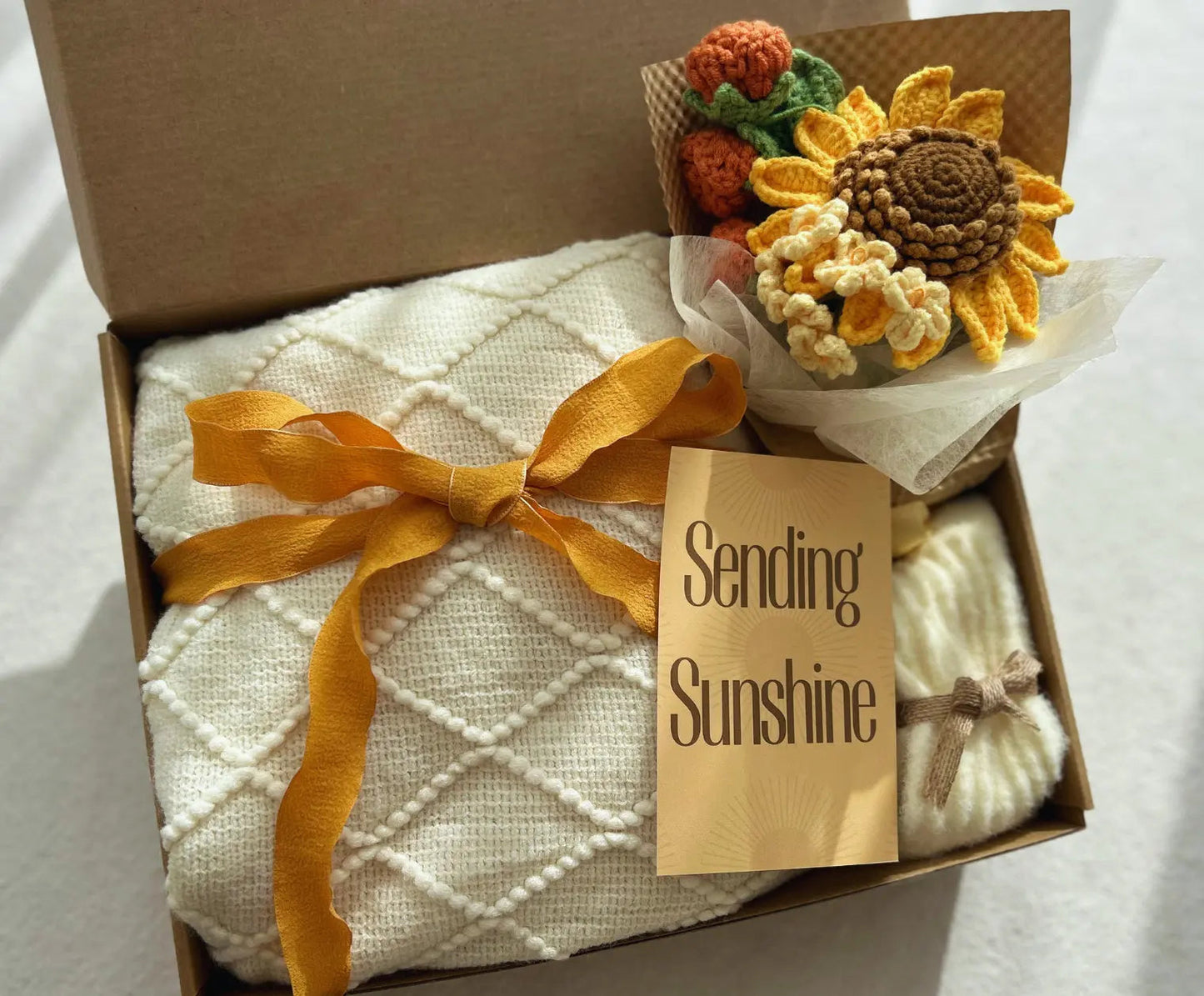 "Sunshine Recovery" Get Well Soon Gift Box: Cozy Diamond-Knit Blanket & Handmade Sunflower Bouquet - Basketful Gifts