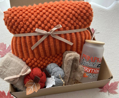 Thanksgiving Orange Theme Gift Basket with Blanket & Pumpkin Tumbler - Basketful Gifts