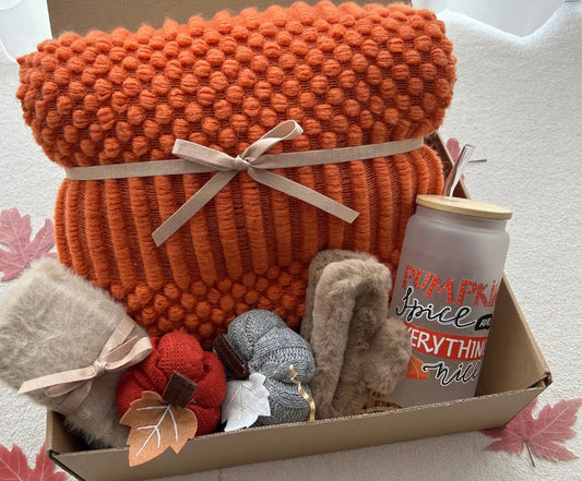 Thanksgiving Orange Theme Gift Basket with Blanket & Pumpkin Tumbler - Basketful Gifts
