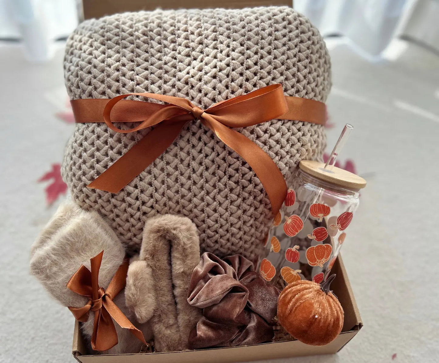 Thinking of You Care Package for Women with Blanket & Pumpkin Tumbler - Basketful Gifts