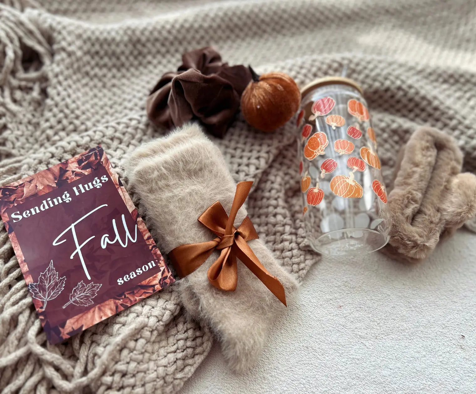 Thinking of You Care Package for Women with Blanket & Pumpkin Tumbler - Basketful Gifts