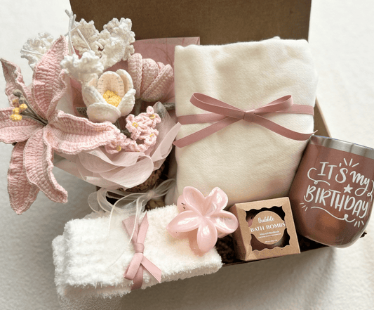 Unique Birthday Gift Baskets for Her – Spa Box with Blanket, Bath Bombs, Cozy Socks & Flower Bouquet - Basketful Gifts