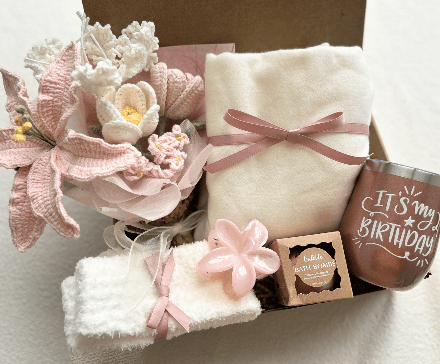 Unique Birthday Gift Baskets for Her – Spa Box with Blanket, Bath Bombs, Cozy Socks & Flower Bouquet - Basketful Gifts