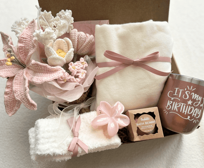 Unique Birthday Gift Baskets for Her – Spa Box with Blanket, Bath Bombs, Cozy Socks & Flower Bouquet - Basketful Gifts