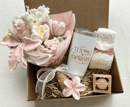 Unique Birthday Gift Baskets for Her – Spa Box with Blanket, Bath Bombs, Cozy Socks & Flower Bouquet - Basketful Gifts
