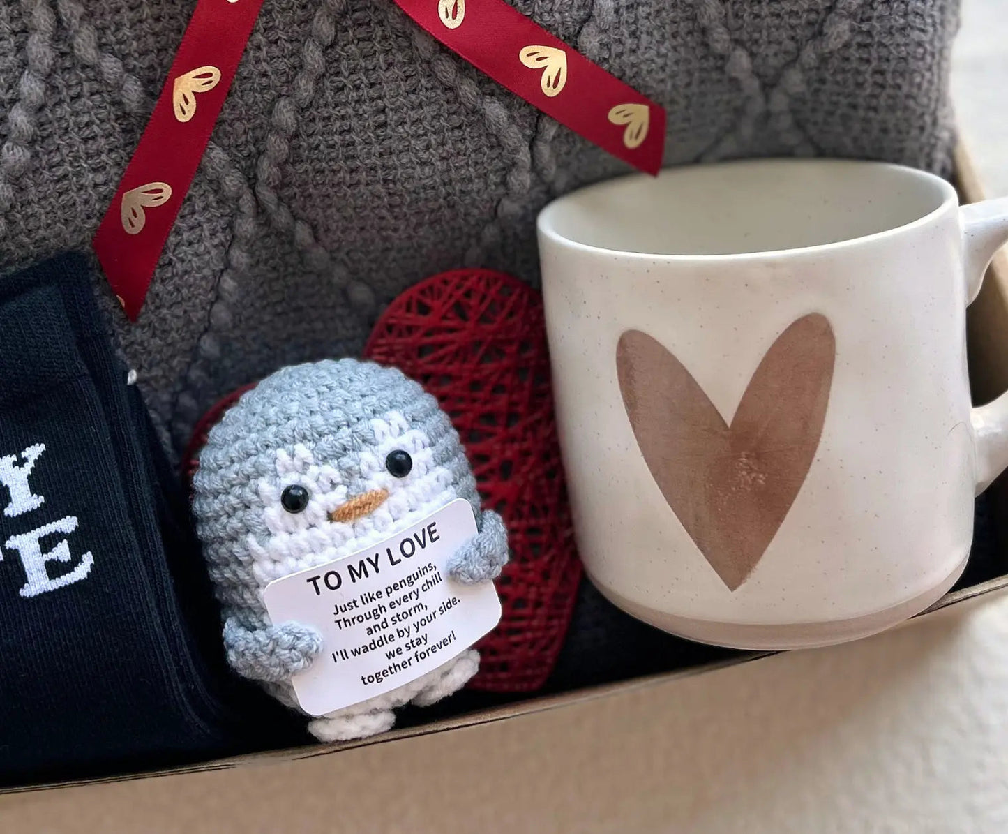 Unique Valentines Gifts for Him – Cozy Gray Knit Blanket, Heart Mug & Love Keepsake - Basketful Gifts