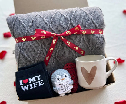 Unique Valentines Gifts for Him – Cozy Gray Knit Blanket, Heart Mug & Love Keepsake - Basketful Gifts
