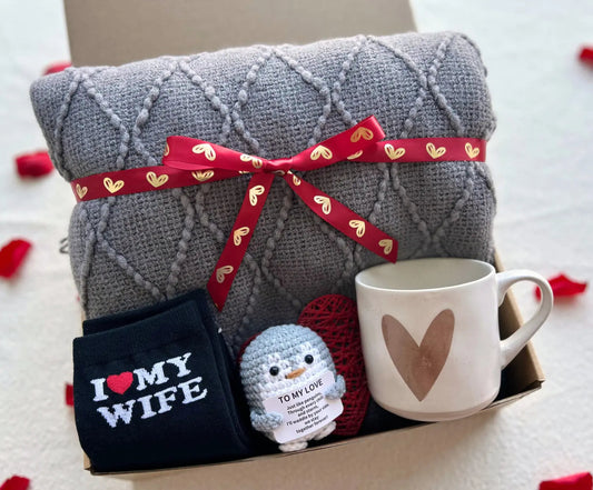Unique Valentines Gifts for Him – Cozy Gray Knit Blanket, Heart Mug & Love Keepsake - Basketful Gifts