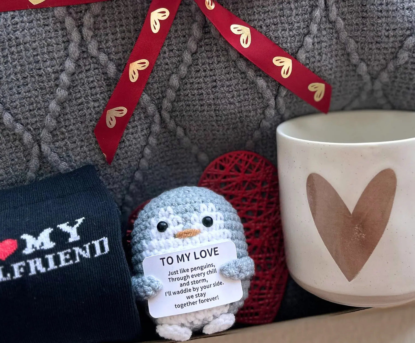 Unique Valentines Gifts for Him – Cozy Gray Knit Blanket, Heart Mug & Love Keepsake - Basketful Gifts