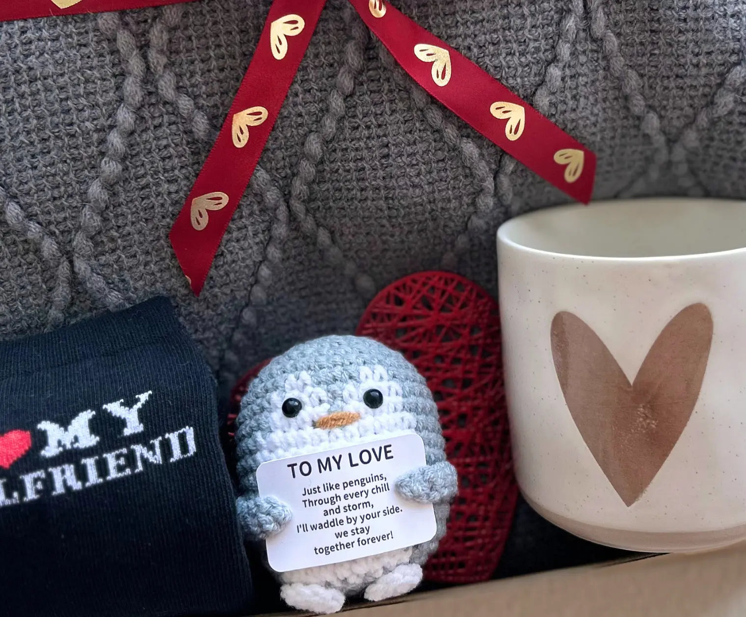 Unique Valentines Gifts for Him – Cozy Gray Knit Blanket, Heart Mug & Love Keepsake - Basketful Gifts
