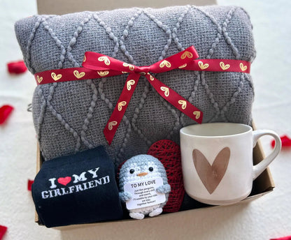 Unique Valentines Gifts for Him – Cozy Gray Knit Blanket, Heart Mug & Love Keepsake - Basketful Gifts