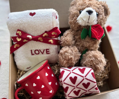 Valentine's Day Gift Box – Teddy Bear, Heart Mug, Heart Towel & Cozy Socks - Basketful Gifts
