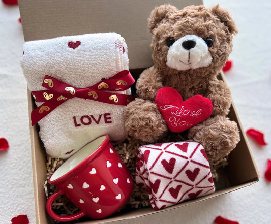 Valentine's Day Gift Box – Teddy Bear, Heart Mug, Heart Towel & Cozy Socks - Basketful Gifts