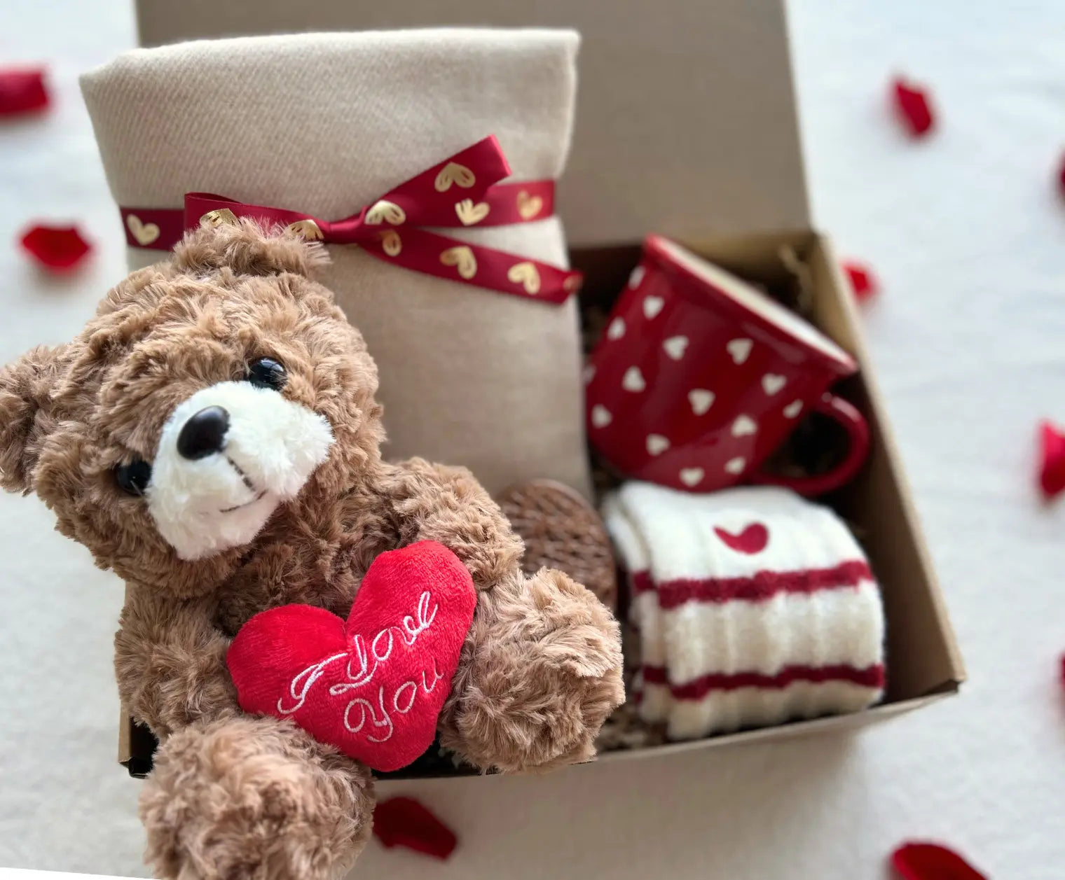 Valentine’s Day Gift for Girlfriend– Teddy Bear, Scarf, Heart Mug& Fuzzy Socks - Basketful Gifts