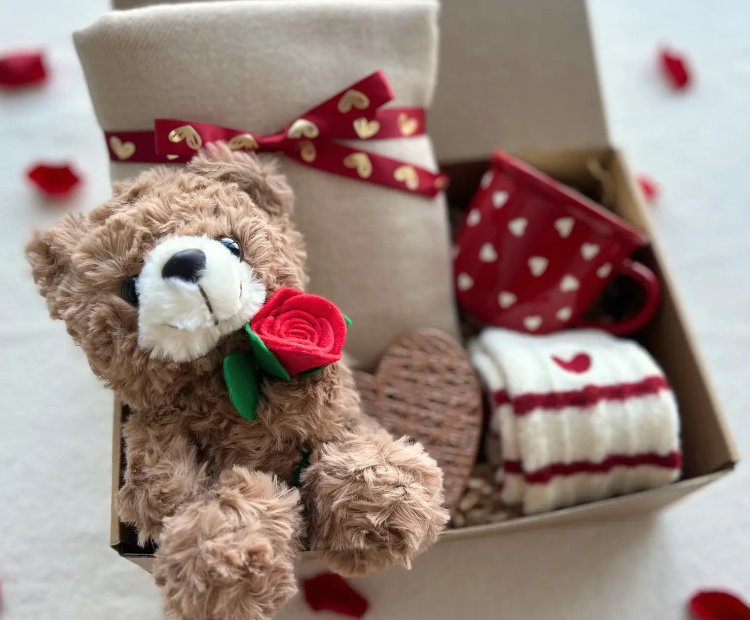 Valentine’s Day Gift for Girlfriend– Teddy Bear, Scarf, Heart Mug& Fuzzy Socks - Basketful Gifts