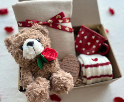 Valentine’s Day Gift for Girlfriend– Teddy Bear, Scarf, Heart Mug& Fuzzy Socks - Basketful Gifts