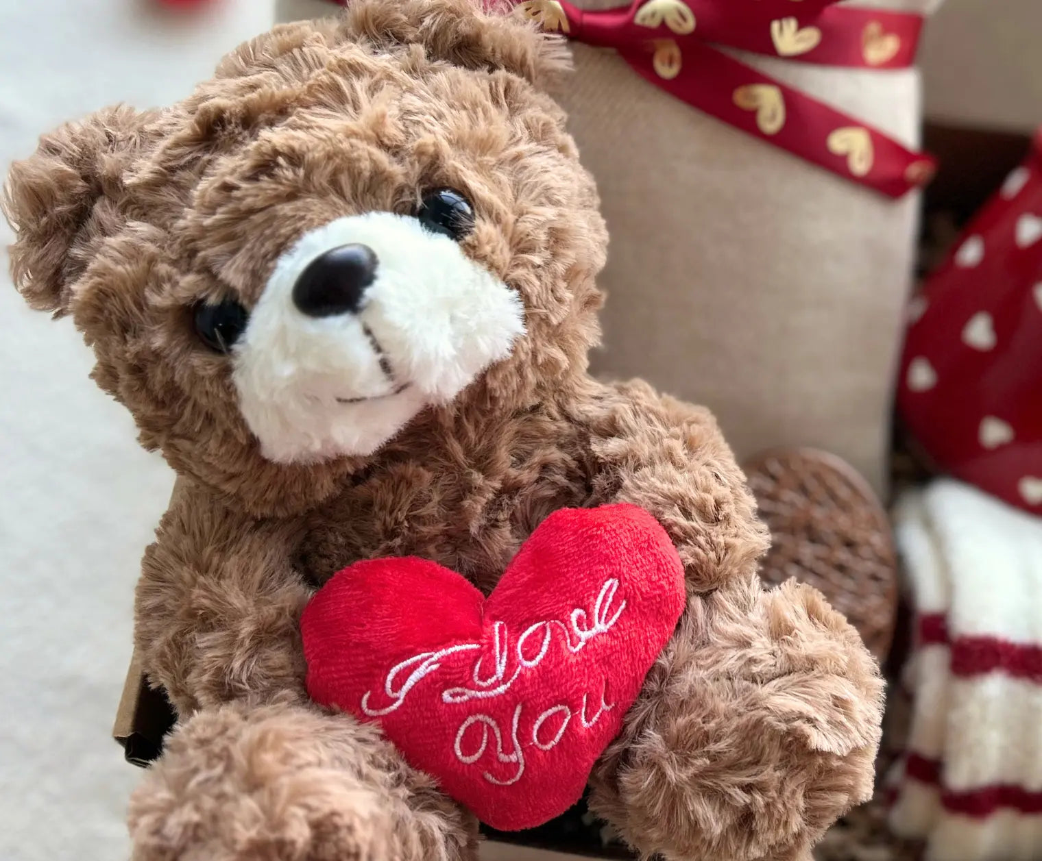 Valentine’s Day Gift for Girlfriend– Teddy Bear, Scarf, Heart Mug& Fuzzy Socks - Basketful Gifts