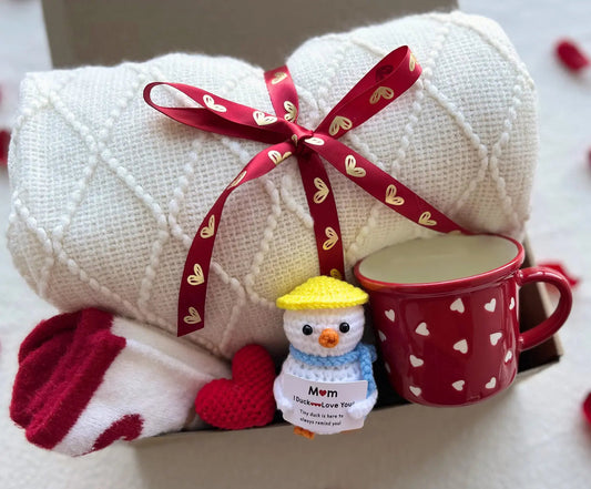 Valentine’s Day Gift for Mom – Cozy Knit Blanket, Heart Mug, Socks & Crochet Duck - Basketful Gifts