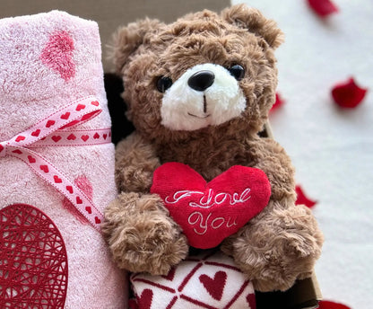 Valentines Day Gift Set for Her – Teddy Bear, Heart Bath Towel, Socks & Heart Coaster - Basketful Gifts