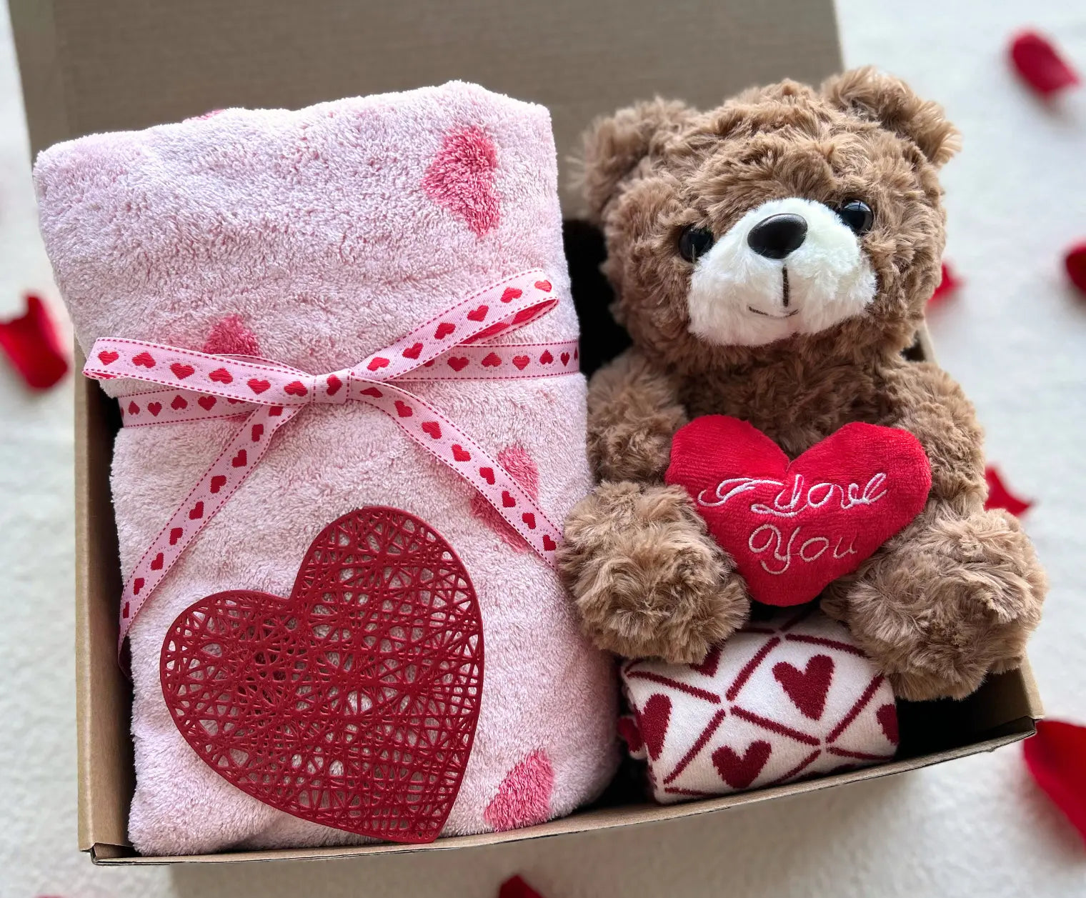 Valentines Day Gift Set for Her – Teddy Bear, Heart Bath Towel, Socks & Heart Coaster - Basketful Gifts