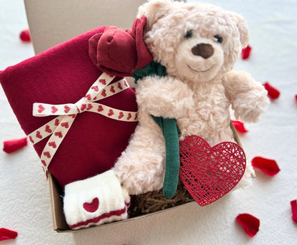 Valentines Day Teddy Bear Basket– Teddy Bear, Red Scarf, Heart Socks & Valentine Keepsake - Basketful Gifts