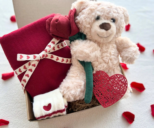 Valentines Day Teddy Bear Basket– Teddy Bear, Red Scarf, Heart Socks & Valentine Keepsake - Basketful Gifts