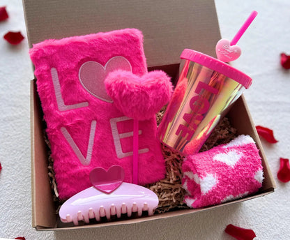 Valentines Gifts for Daughter – Pink LOVE Notebook, Heart Tumbler, Socks & Cute Accessories - Basketful Gifts