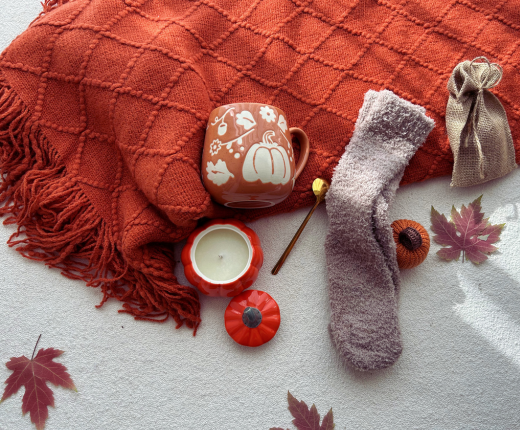 Fall Season Care Package for Women with Burnt Orange Knit Blanket Pumpkin Theme Basket