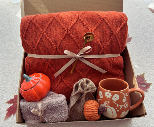 Fall Season Care Package for Women with Burnt Orange Knit Blanket Pumpkin Theme Basket